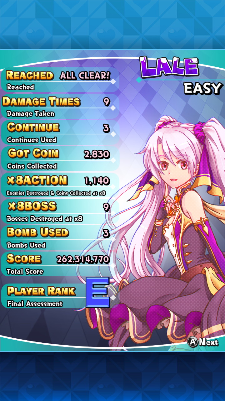 Screenshot: Sisters Royale detailed score of the character Lale on Easy difficulty showing a score of 262 314 770, rank E